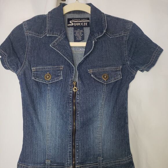 Vintage 90's Y2K SQUEEZE JEANS Stretch Denim Zip Front Jumpsuit Juniors Size 1/2 - Picture 3 of 7